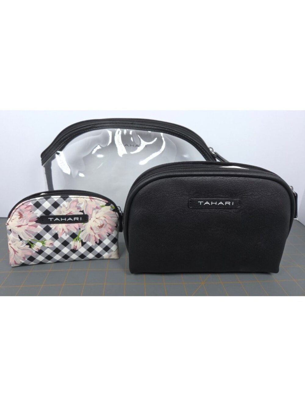 Tahari 3-Piece Travel Trio Cosmetic Case Set Gingham & Floral Print Clear Bag